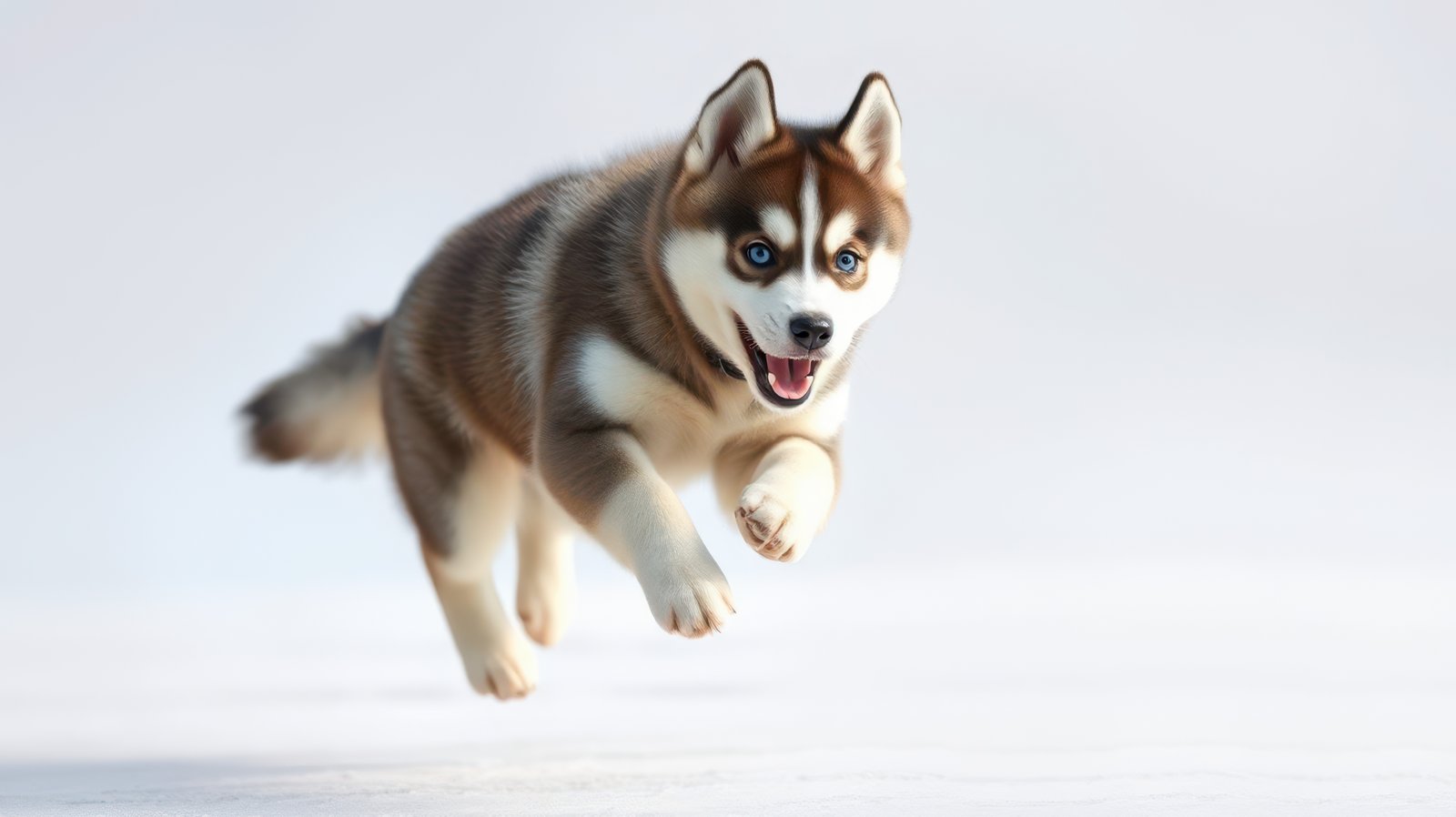 Active husky running joyfully across a snowy landscape during a bright winter day